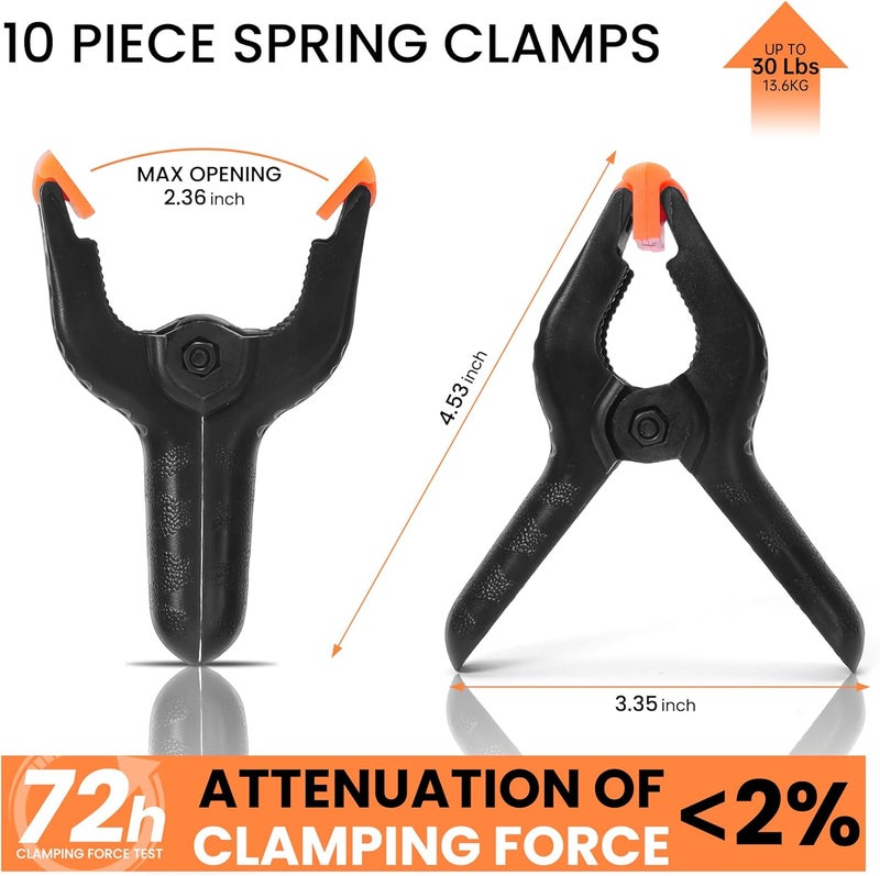 ECY Spring Clamps Heavy Duty 4.5 Inch 10 Pack - Plastic Rust Proof Clamps with Non-Slip Pads for Backdrop, Crafts, Woodworking, Photography | Multipurpose Holders for Tarps, Pool Covers & Gluing - Image 2